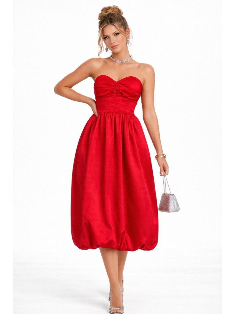 Roberta Bridal Red Strapless Midi Bubble Hem Dress